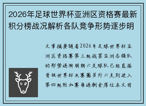 2026年足球世界杯亚洲区资格赛最新积分榜战况解析各队竞争形势逐步明朗